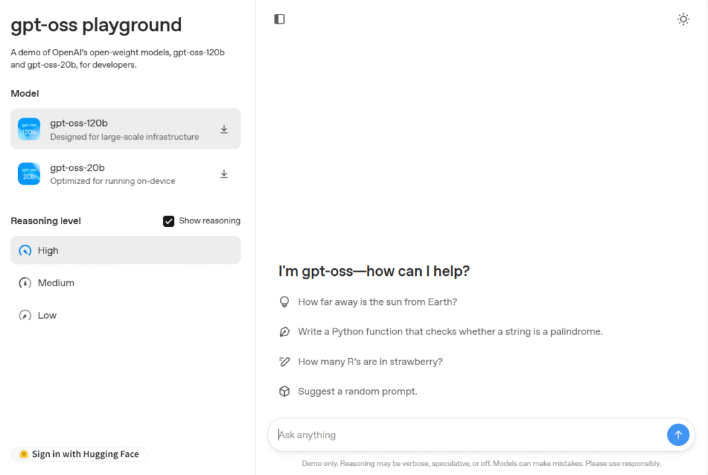 OpenAI का गेम-चेंजिंग GPT-OSS: ओपन-सोर्स AI की दुनिया में एक बड़ा कदम 1 gpt-oss playground Screenshot